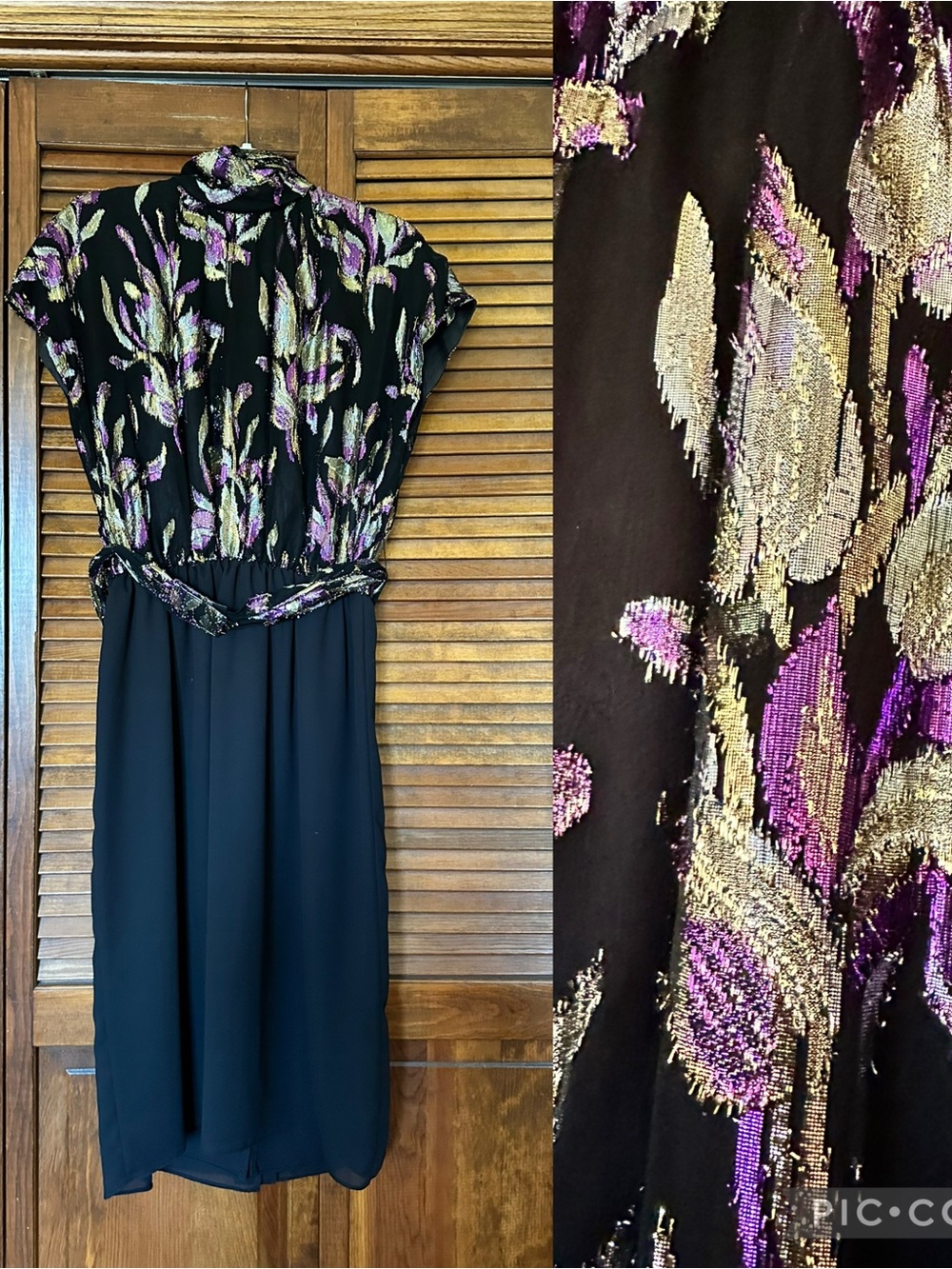 Patra Vintage 1980s Black with Gold and Purple Metallic Cocktail Party dress